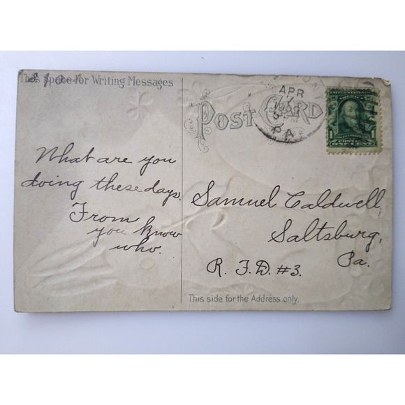 Easter Postcard Fantasy Bunny Rabbit Musician Plays Horn Gold 1909 Music Notes - Picture 3 of 3